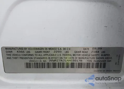 2010 Volkswagen Jetta Se из США, поврежденный, VIN 3VWRZ7AJ1AM030178